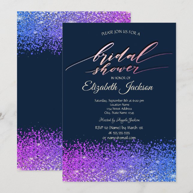 Invitation Elégant Chic Diamonds Marine Fête des mariées bleu (Devant / Derrière)