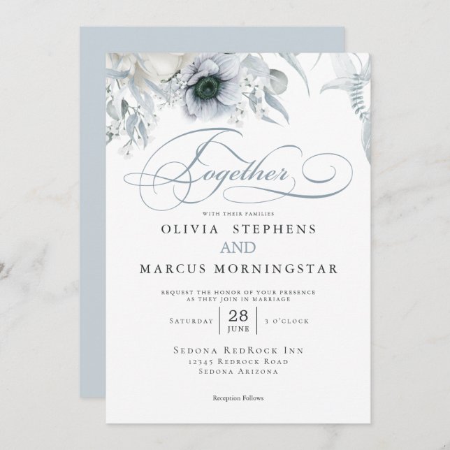 Invitation Élégant Chic Dusty Blue Floral (Devant / Derrière)