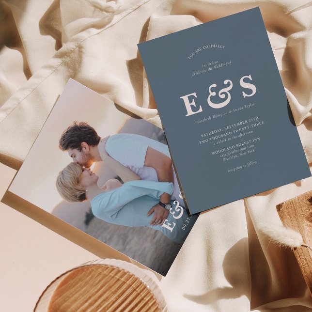 Invitation Élégant Chic Dusty Blue Monogram Mariage photo (Créateur téléchargé)