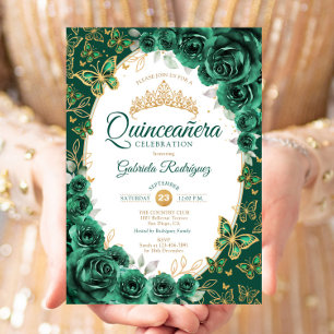 Invitation Élégant Chic Émeraude Vert Or Fleur Quinceanera