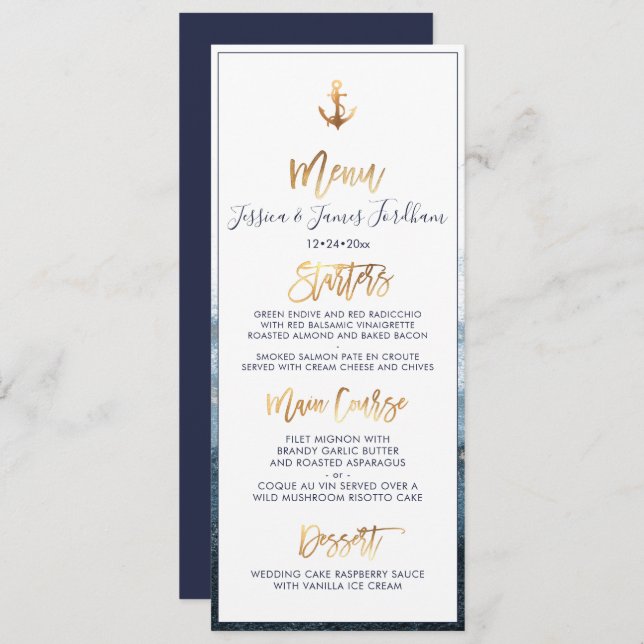 Invitation Elégant+Chic Faux Gold Ancre Menu (Devant / Derrière)