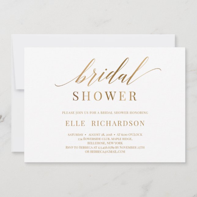 Invitation Elégant chic faux or calygraphie bridal douche (Devant)