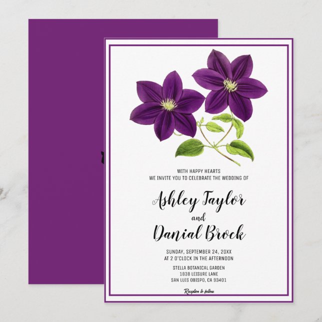 Invitation Élégant Chic Fleurs pourpres Rustique Mariage Flor (Devant / Derrière)