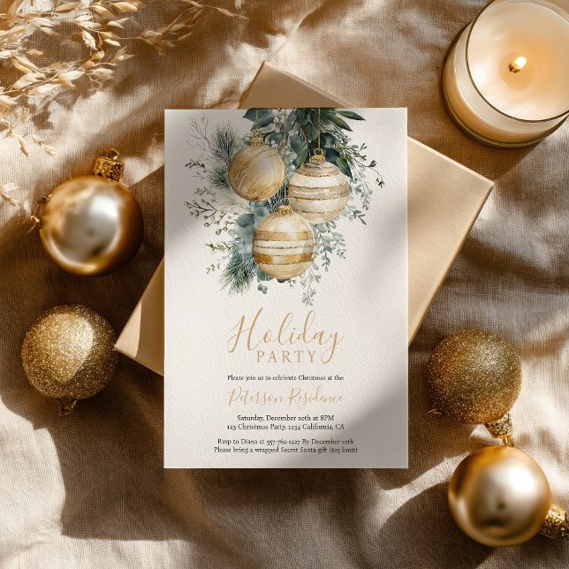 Invitation Elegant Chic Gold Baubles Greenery Christmas Party (Elegant Chic Gold Baubles Greenery Christmas Party Invitation)