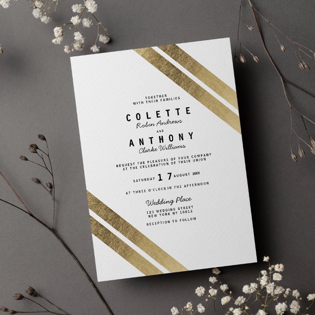 Invitation Élégant Chic Gold Blanc moderne Mariage de verre à (Elegant Chic Gold White Modern Stripe Glam Wedding)