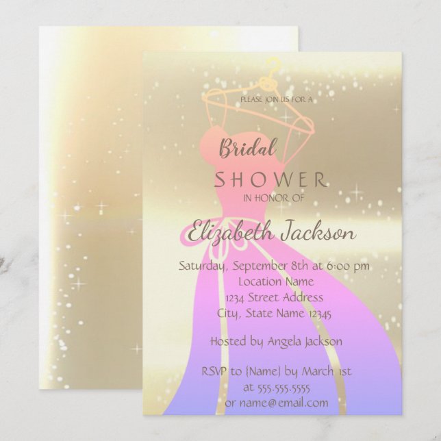 Invitation Elegant Chic Gold, Fête des mariées de robe de mar (Devant / Derrière)