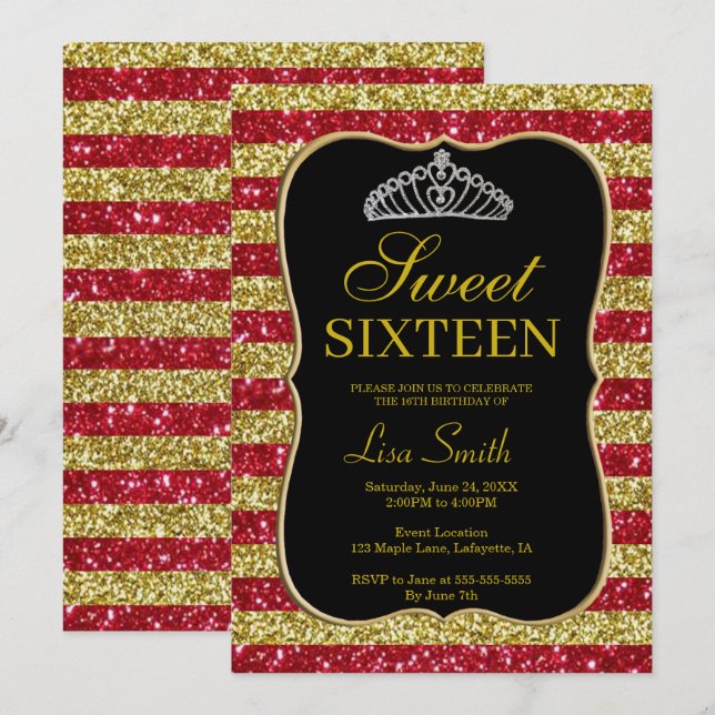 Invitation Elégant Chic Gold Red Parties scintillant Tiara Sw (Devant / Derrière)