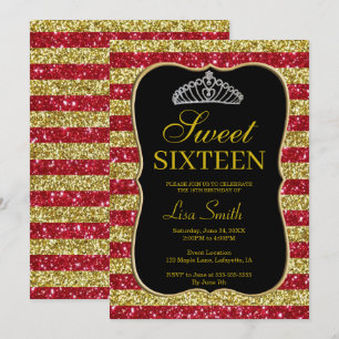 Invitation Elégant Chic Gold Red Parties scintillant Tiara Sw