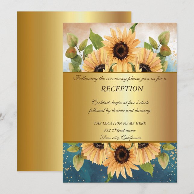 Invitation Elégant Chic Gold, Sunflower Mariage Réception (Devant / Derrière)