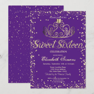 Invitation Élégant Chic Gold Tiara Diamonds Confetti Sweet 16