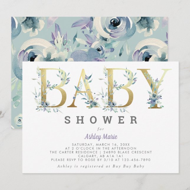 Invitation Elégant Chic Gold Turquoise Blue Flowers Baby show (Devant / Derrière)