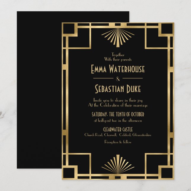 Invitation Élégant chic Great Gatsby Art Déco Mariage (Devant / Derrière)
