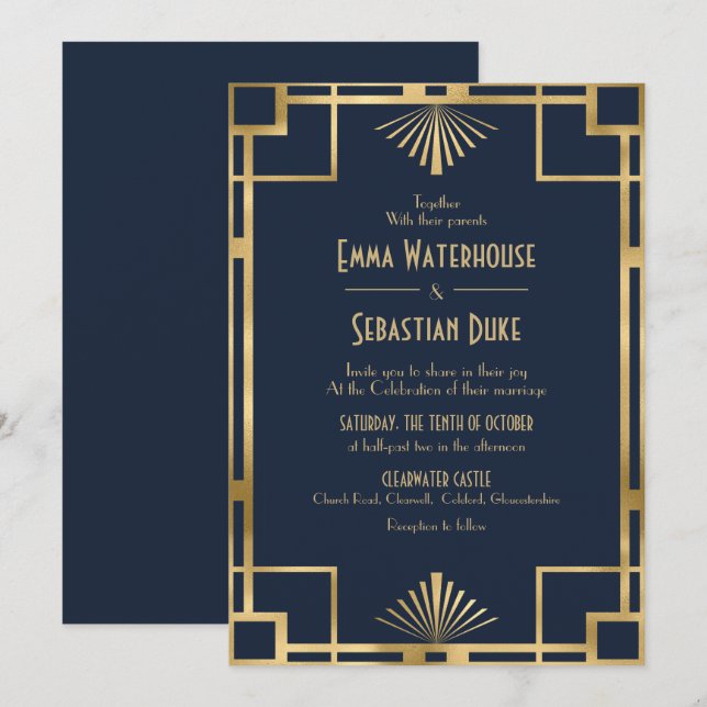 Invitation Élégant chic Great Gatsby Art Déco Mariage Invita (Devant / Derrière)