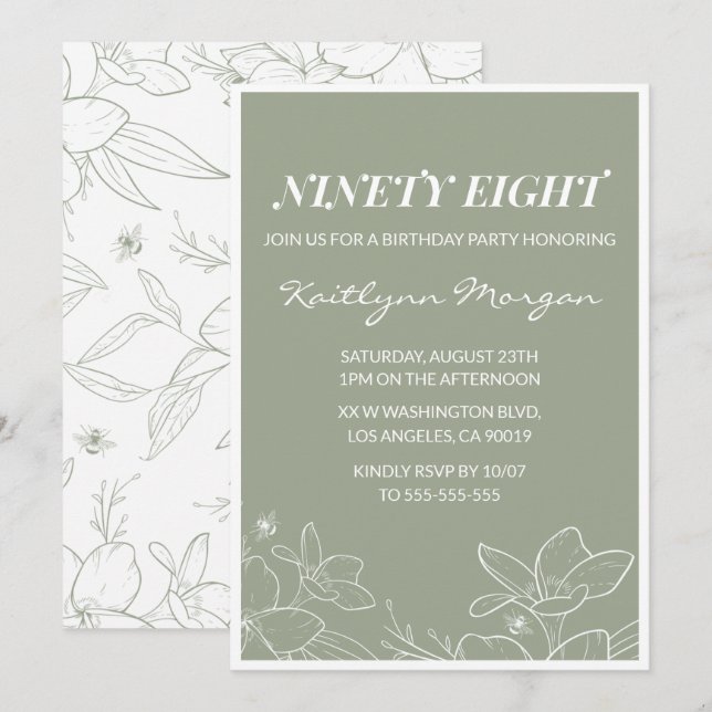 Invitation Elegant Chic Green Floral 98e anniversaire invitat (Devant / Derrière)