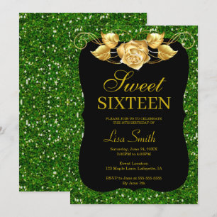 Invitation Élégant chic Green Parties scintillant Gold Rose S