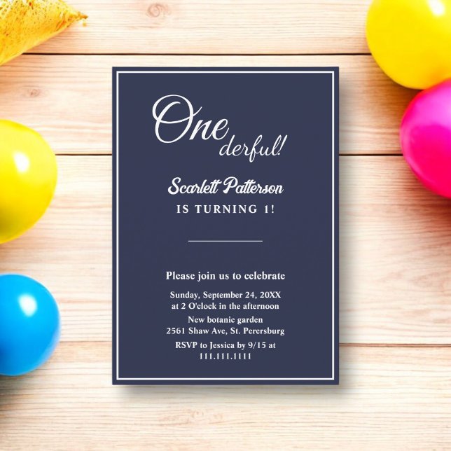 Invitation Elégant Chic Navy Bleu Blanc Minimal 1er anniversa (Créateur téléchargé)