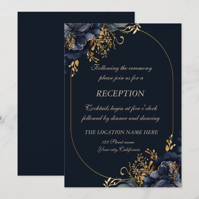 Invitation Elégant Chic Navy Blue Flowers (Devant / Derrière)