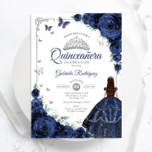 Elegant Chic Navy Blue Silver Floral Quinceanera