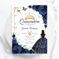 Elégant Chic Navy Roses Floral Gold Quinceanera