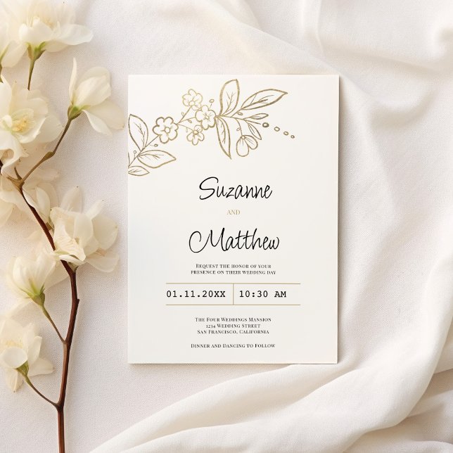 Invitation Élégant chic or blanc simple Mariage floral (Elegant chic white gold simple floral Wedding)