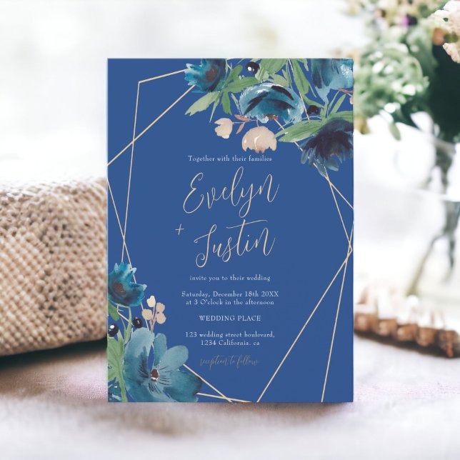 Invitation Elégant chic or bleu Floral Aquarelle Mariage (Elegant chic blue gold Floral Watercolor Wedding Invitation)