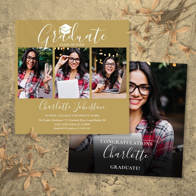 Invitation Élégant Chic Or Script 4 Photo Fête de Remise des  (Elegant Chic Gold Script 4 Photo Graduation Party Invitation)