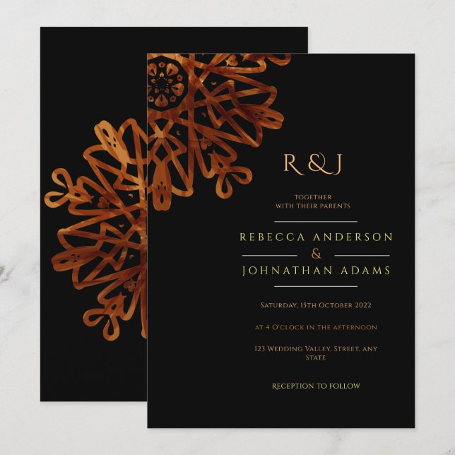Invitation Élégant chic ornemental Mariage noir et or (Devant / Derrière)