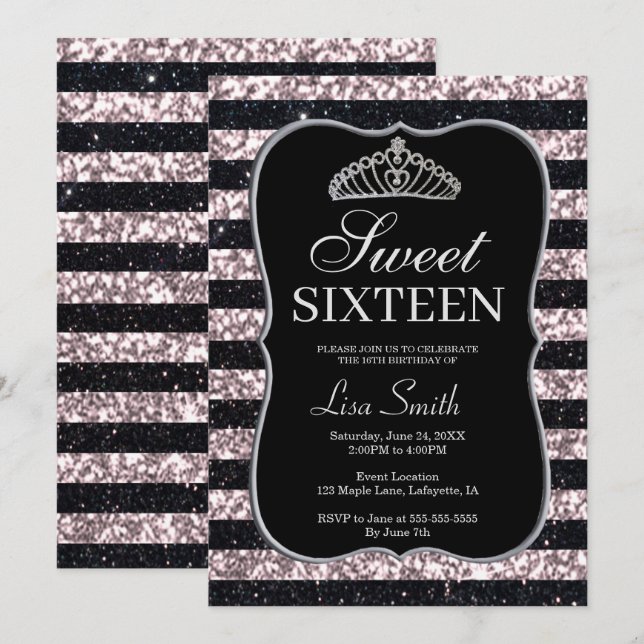 Invitation Élégant Chic Parties scintillant rose noire Tiara  (Devant / Derrière)