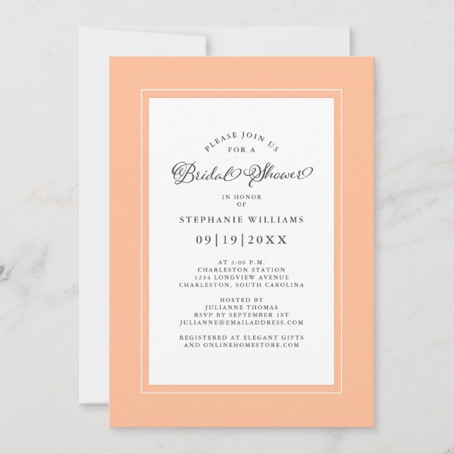 Invitation Elegant Chic Peach Mariage Fête des mariées Party (Devant)