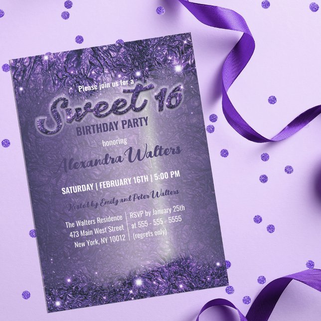 Invitation Élégant Chic Purple Étincelant Foil Sweet 16 Party (Créateur téléchargé)