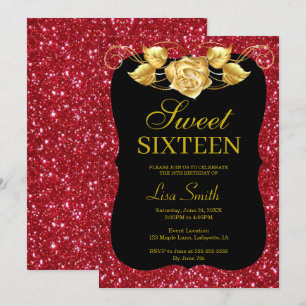 Invitation Élégant Chic Red Parties scintillant Gold Rose Swe