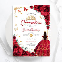 Elégant Chic Red Roses Gold Quinceanera