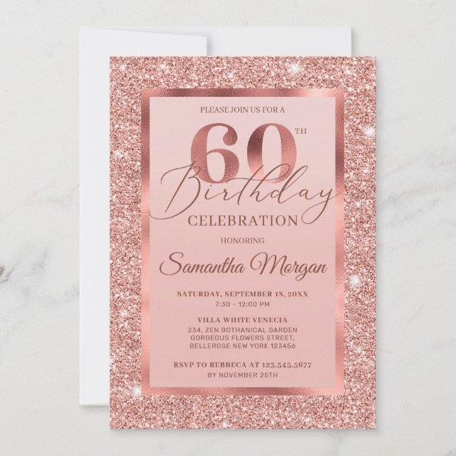 Invitation Élégant chic rose feuille parties scintillant or 6 (Devant)