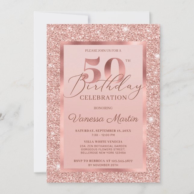 Invitation Elégant chic rose or feuille parties scintillant 5 (Devant)