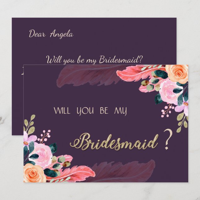 Invitation Élégant Chic Roses Violettes Plume (Devant / Derrière)