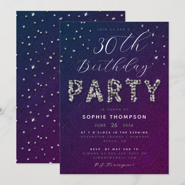 Invitation Élégant Chic Sparkle Parties scintillant violet fê (Devant / Derrière)