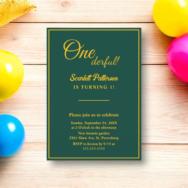 Invitation Élégant Chic Vert Et Or Minimal 1er Anniversaire (Créateur téléchargé)