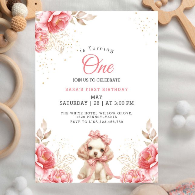 Invitation Elégant Chien & Pêche Floral Premier Anniversaire  (Créateur téléchargé)