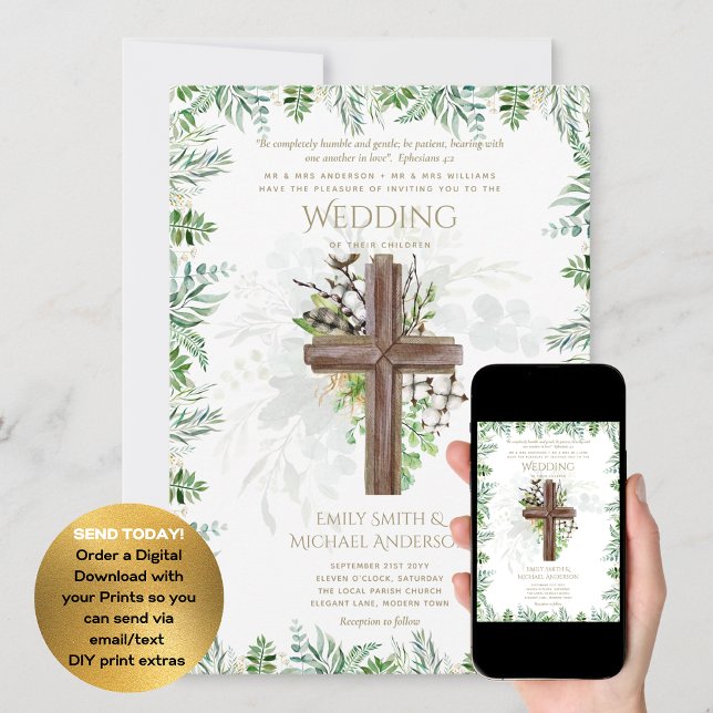 Invitation Elégant Christian Greenery Rustic Cross Mariage (Créateur téléchargé)