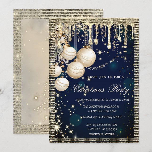 Invitation Elegant Christmas Balls Drips Gold Blue Christmas  (Devant / Derrière)