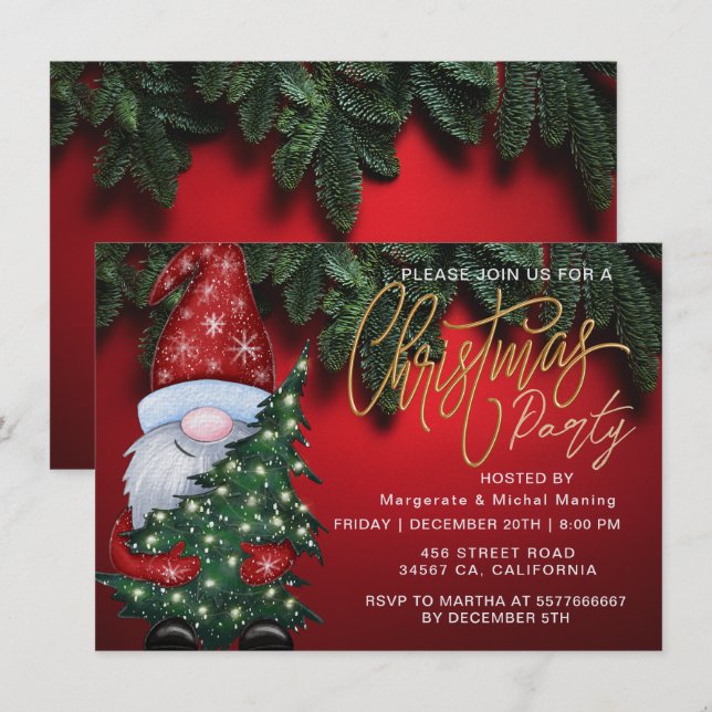 Invitation Elegant Christmas Bokeh Tree Party Gold Red (Devant / Derrière)