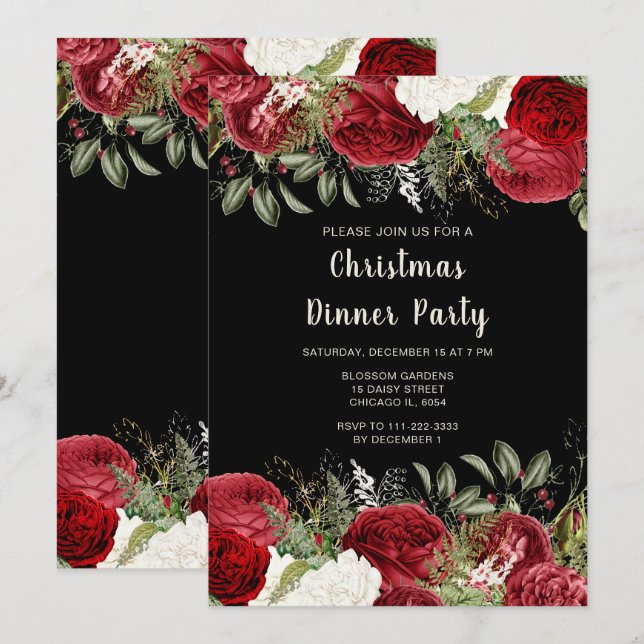 Invitation Elegant Christmas Dinner Party Red Flowers (Devant / Derrière)