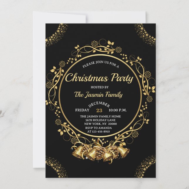 Invitation Elegant CHRISTMAS PARTY Black and Gold bells (Devant)