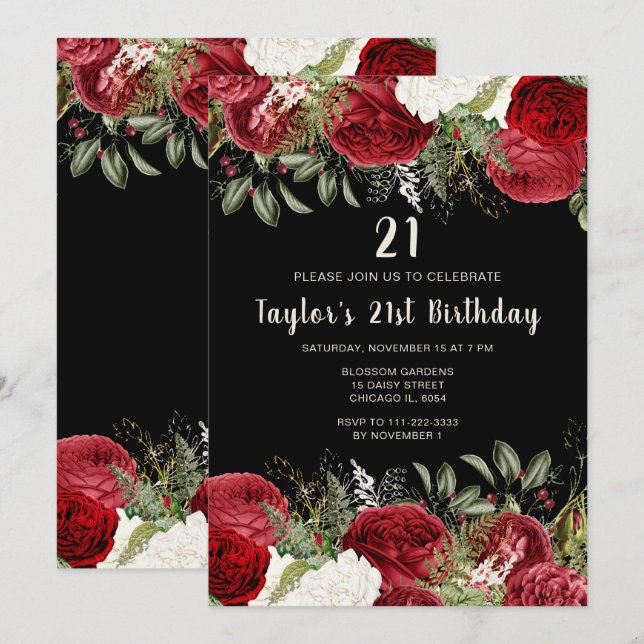 Invitation Elegant Christmas Red Flowers Birthday Party (Devant / Derrière)
