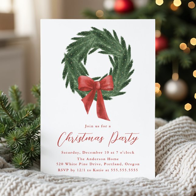 Invitation Elegant Christmas Wreath Red Bow Holiday Party (Créateur téléchargé)