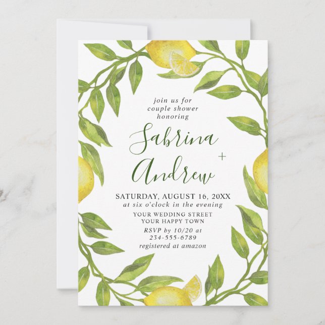 Invitation Elégant citrons Aquarelle Verdure DOUCHE COUPLE (Devant)