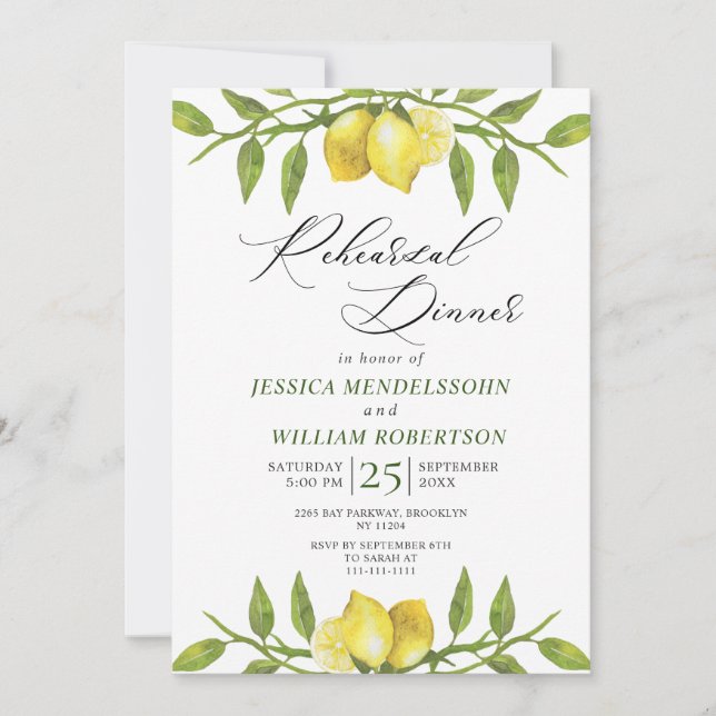 Invitation Élégant Citrons Verdure Dîner de répétition modern (Devant)