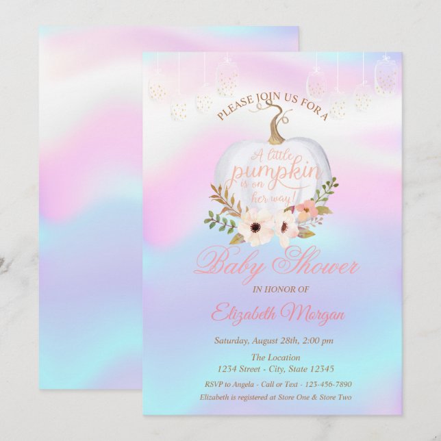 Invitation Élégant Citrouille, Baby shower holographique flor (Devant / Derrière)
