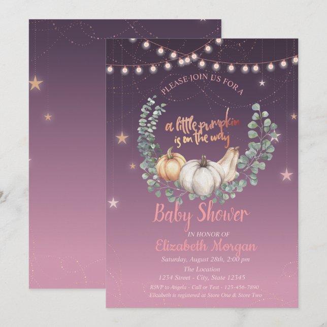 Invitation Élégant Citrouille, Floral, Baby shower d'éclairag (Devant / Derrière)