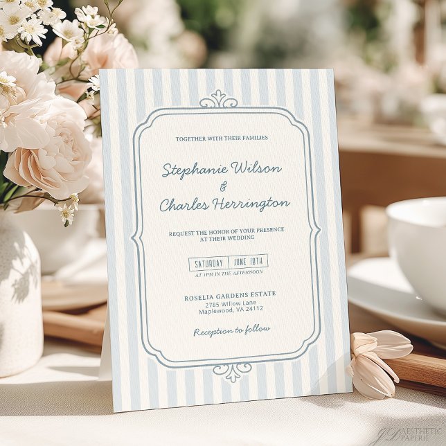 Invitation Elegant Classic Light Blue Beige Striped Wedding (Créateur téléchargé)